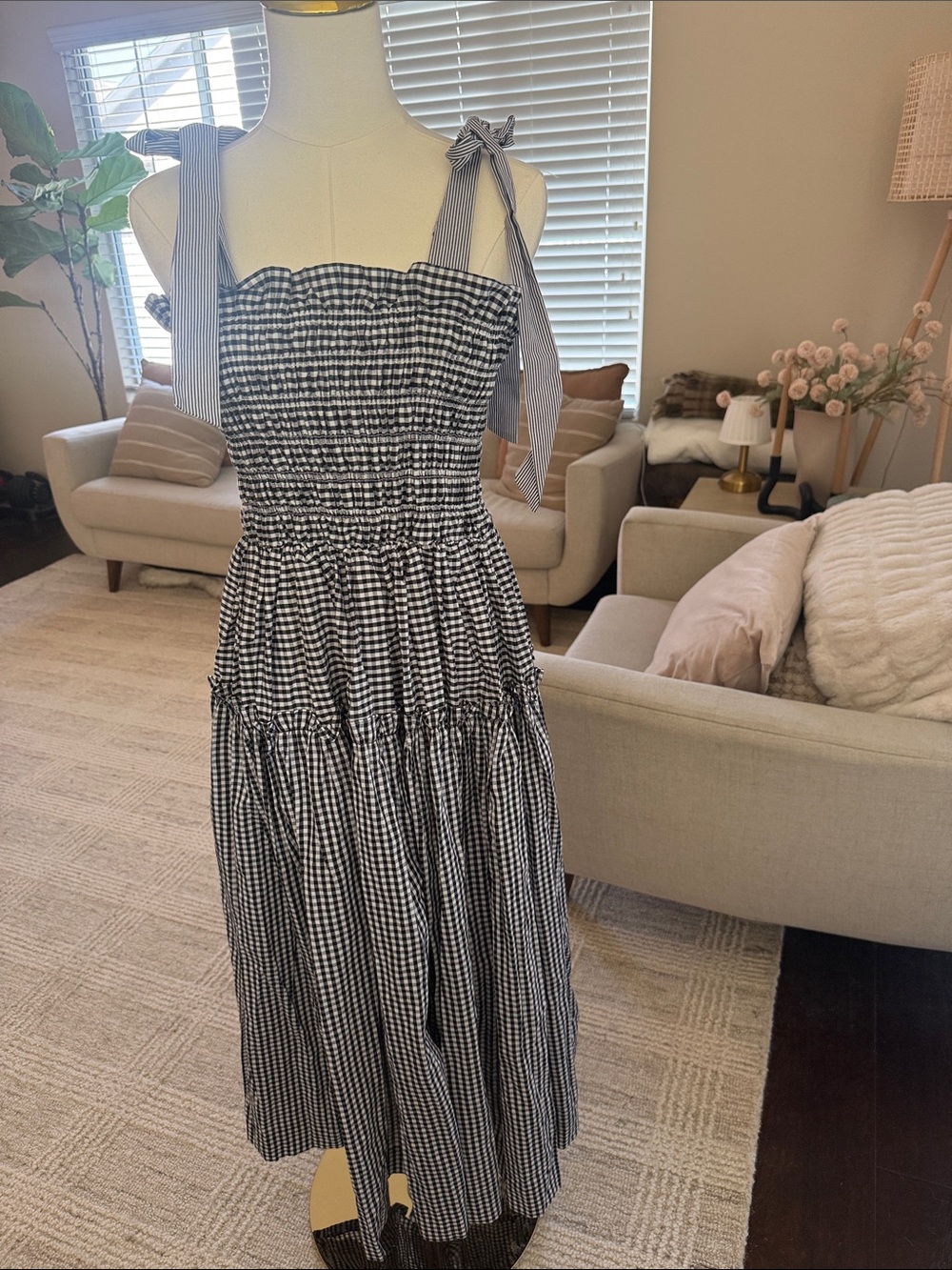 En Saison Black and White Gingham Tie-Shoulder Midi Dress
